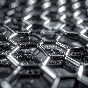 Macro metallic hexagonal mesh structure with bokeh lighting.