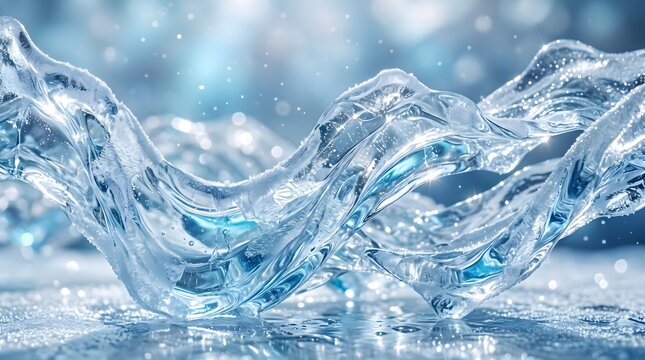 Dynamic abstract water wave flowing through air with sparkling light reflections and icy textures creating a beautiful refreshing liquid motion