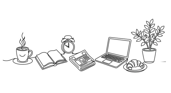 Line art illustration of morning routine items