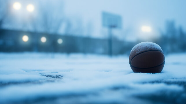 A weathered basketball covered in a fresh layer of winter snow sits on an outdoor court, evoking a sense of silence, cold, and a pause in the game during the harsh winter season.