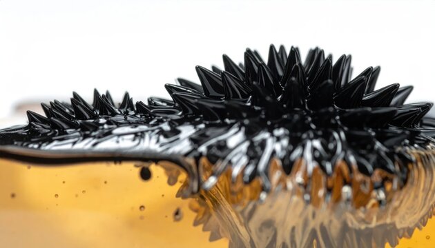 Magnetic ferrofluid liquid forming sharp spikes in laboratory.