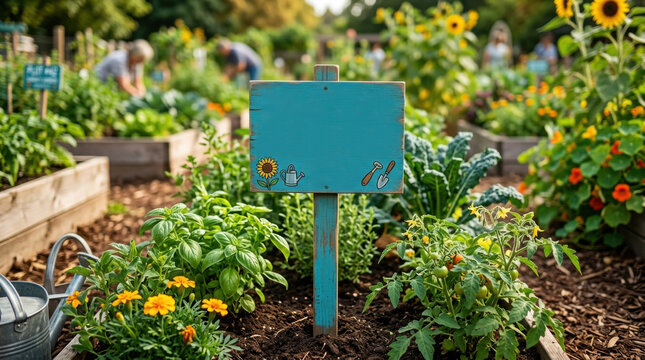 Community garden plot forty two sign standing in lush vegetable patch with tomato plants basil and marigolds under summer sunlight.