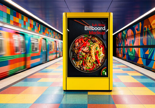 Colorful subway station food advertising pillar mockup