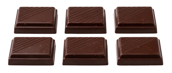 Naklejka premium Dark chocolate squares cocoa pieces arranged in rows isolated on black background studio macro shot for gourmet dessert food background concept and confectionery packaging design.