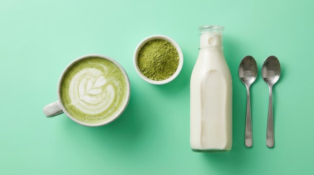 Top view of matcha latte in ceramic cup with matcha powder, milk bottle and two spoons on green background