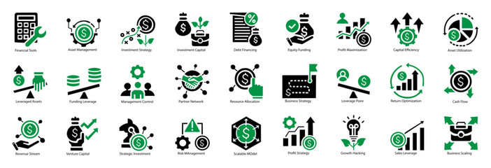 Fototapeta premium business leverage icon set flat style illustration. containing competitive edge, economic scale, synergy effect, strategic advantage, growth potential, equity funding, profit maximization 
