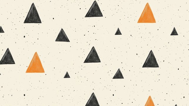 Abstract geometric pattern wallpaper with hand drawn black and orange triangles on cream background texture for modern graphic design.