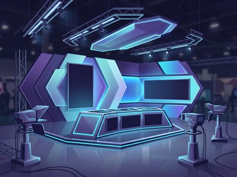 Modern Digital Television Studio with Futuristic Design Neon Lighting and Professional Video Cameras
