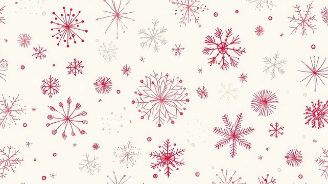 Seamless pattern of hand drawn red snowflakes on cream background for holiday christmas seasonal festive wrapping paper design.