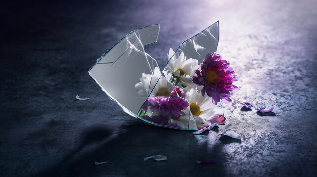A broken mirror reflecting vibrant white and purple daisies, illustrating the beauty in imperfection, shattered perspective, delicate flowers, and artistic dark mood photography.
