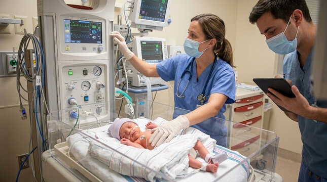 Neonatal Care Team Attending Newborn Infant in NICU Incubator