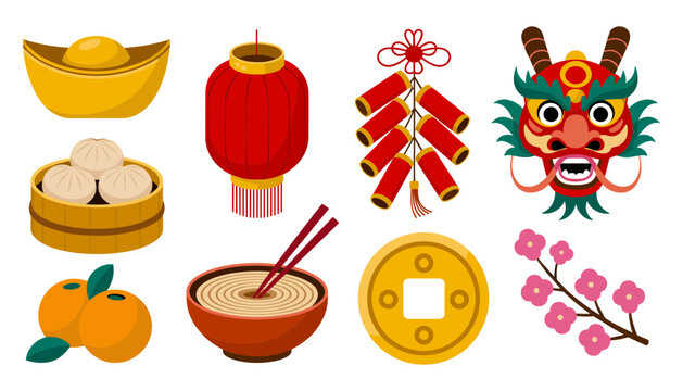 Chinese New Year Lunar Festival Vector Icon Set featuring Dragon Mask, Red Lantern, Firecrackers, Sycee, Noodles, Dumplings, and Mandarin Oranges for Traditional Asian Celebrations