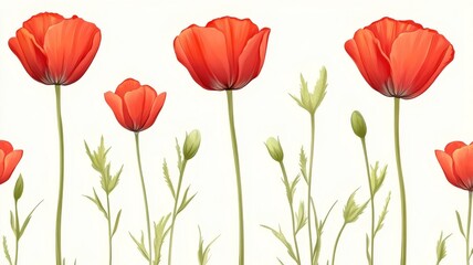 Obraz premium Beautiful red poppy flowers blooming in botanical garden field art artistic illustration featuring elegant red poppy flowers against white.