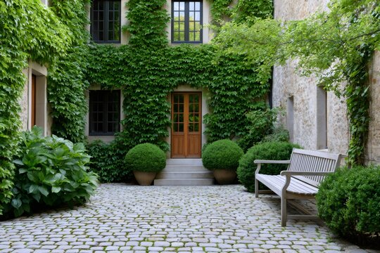 Courtyard garden with ivy covering a traditional house