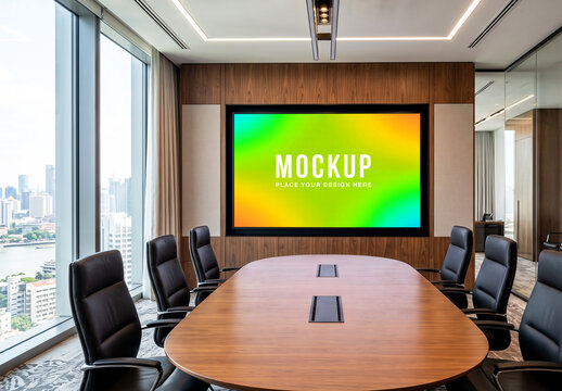 Modern office boardroom with large screen display mockup