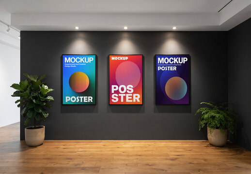 Modern art gallery wall with three poster mockups