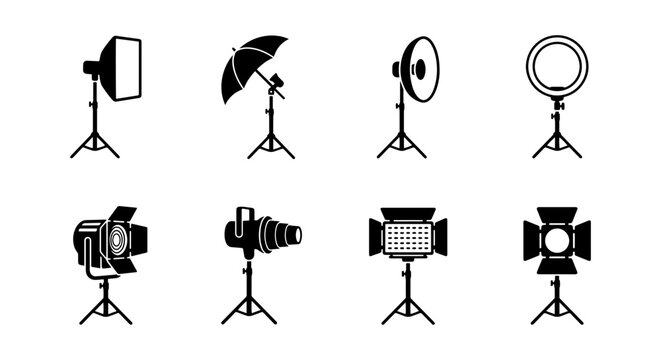 Photography Lighting Equipment Icons, Studio Flash Gear Set, Professional Photo Lighting Vector Icons