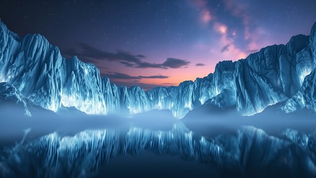 Fantasy Landscape with Glowing Moonstone Cliffs and Misty Lake under Nebula Sky