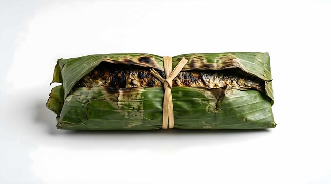 Grilled mackerel wrapped in banana leaf tied with bamboo string