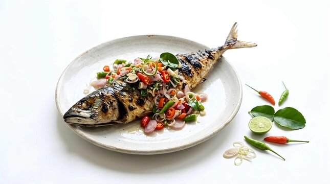Grilled Saba Mackerel with Spicy Thai Herb Salad on Ceramic Plate