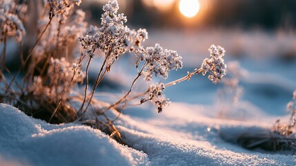 Delicate frosted branches emerge from a blanket of snow, bathed in golden sunlight, representing resilience and beauty within a wintry landscape, ideal for seasonal promotions