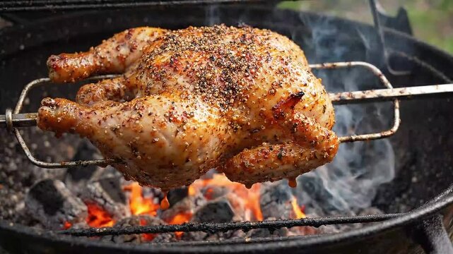 Seasoned Whole Chicken Spinning on Rotisserie Spit Over Fire
