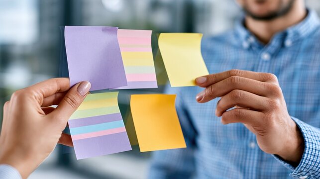 Diverse Hands Placing Sticky Notes on Glass Board