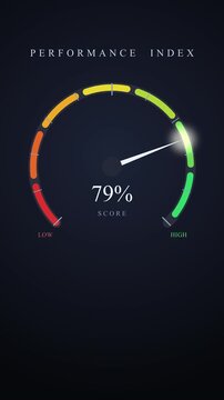 performance level measuring device animation with arrow and scale, from low to high, data visualization, 4k