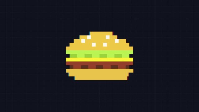 Pixel burger glitch animation, retro 8 bit food motion graphic, fast food video loop