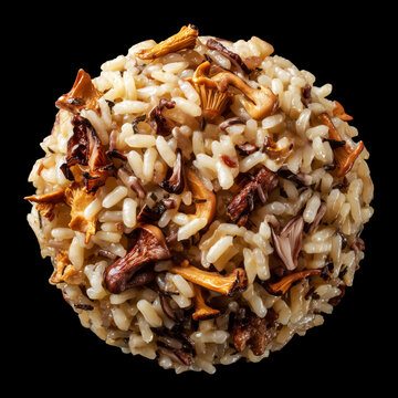 Cooked mushroom risotto isolated on black background with clipping path, concept of gourmet cuisine and comfort eating