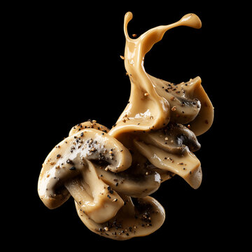 Closeup mushrooms with creamy splash isolated on black backdrop with clipping path, concept of gourmet fine cuisine
