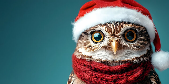 Adorable fluffy little owl wearing red christmas santa hat and warm scarf