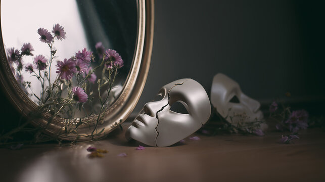 A cracked white mask resting beside a vintage mirror reflecting purple flowers, symbolizing fragmented identity, loss, introspective beauty, and the complexity of self.