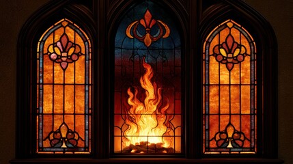 Obraz premium Bright orange glass panels create a warm glow around a bonfire in a cozy room at night. Ornate designs add to the charm of the scene.