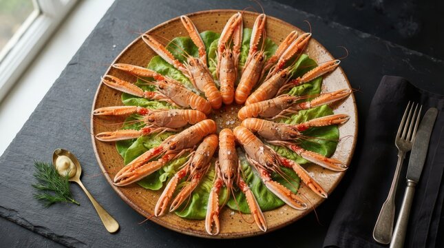 Platter of cooked langoustines arranged on a bed of fresh lettuce