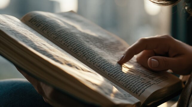 Warm Light Bible Close-Up in Cafe Setting During Genesis Reading