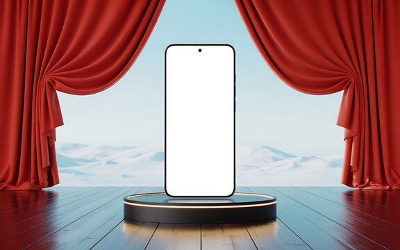 Smartphone Mockup Blank Screen Podium Stage Red Curtains Winter Scene