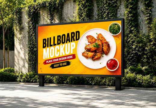 Realistic Horizontal Food Advertisement Billboard Mockup on Outdoor Wall with Greenery