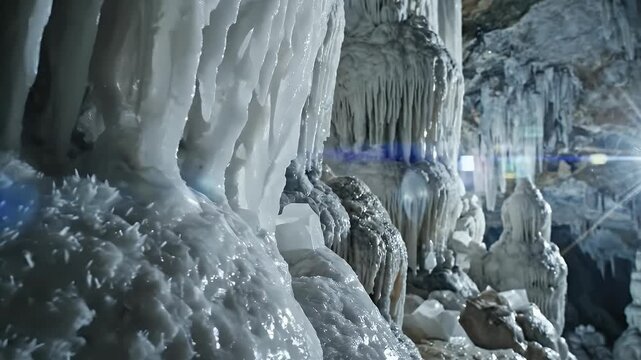 Majestic cave formations of stalactites and stalagmites with blue starry background