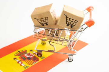 Online shopping, Shopping cart box on Spain flag, import export, finance commerce. © Pakawadee