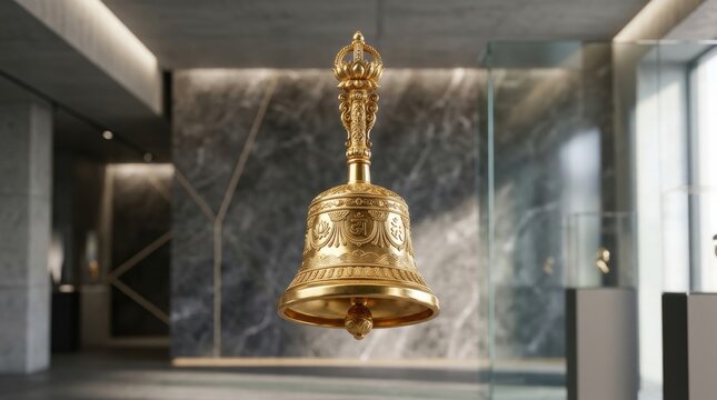 Intricately designed golden bell with traditional motifs and lotus crown suspended in modern interior luxurious decorative artwork.