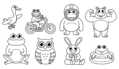 Funny Animal Cartoon Characters Riding Motorcycle and Flexing Muscles Black and White Line Art Set for Kids Coloring Book Pages