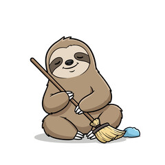 Obraz premium Sloth, a cute and cartoonish character, contentedly sweeps a small pile of dust with a short-handled broom, depicted in a charming, simplistic style with closed eyes and a gentle smile, illustrating.