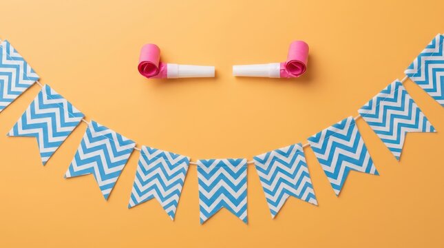 Blue chevron party bunting flags and pink party blowers on orange background