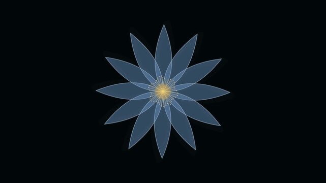 Abstract blue flower shape with glowing yellow center on a dark background