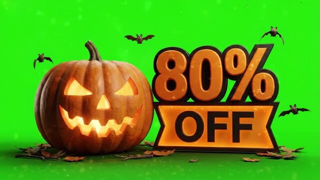 Halloween 80 percent off sale sign with glowing pumpkin on a green screen background