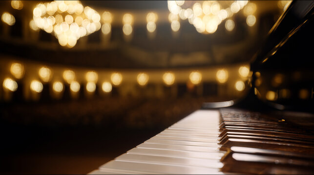 Close-up perspective of piano keys on a stage, with the blurred ambiance of a grand concert hall and chandeliers creating a sophisticated, high-end musical scene.