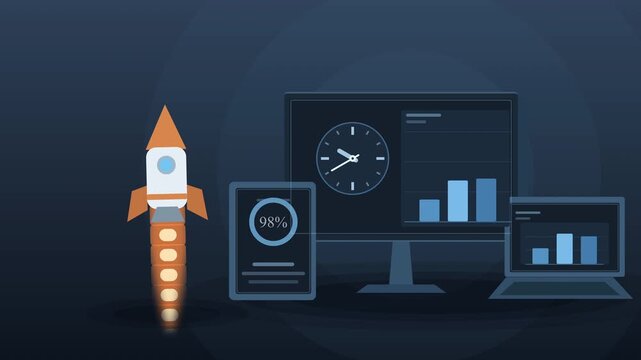 Pixel art rocket launching past digital screens showing clock and data, technology startup concept