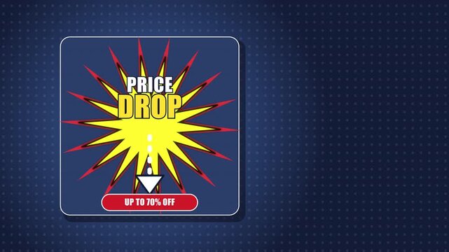 Comic pop art price drop animation with a sunburst and down arrow on blue dotted background