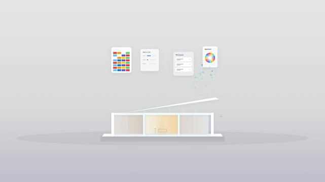 Modern architectural house model with interior design color palette and project planning interface icons